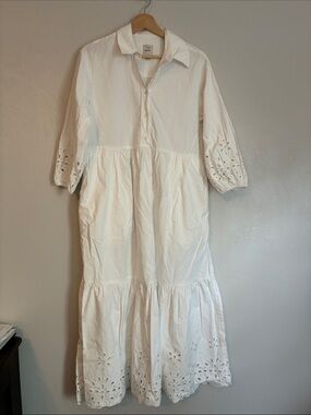 Maeve White Bettina Tiered Eyelet Collared Button-Front Dress